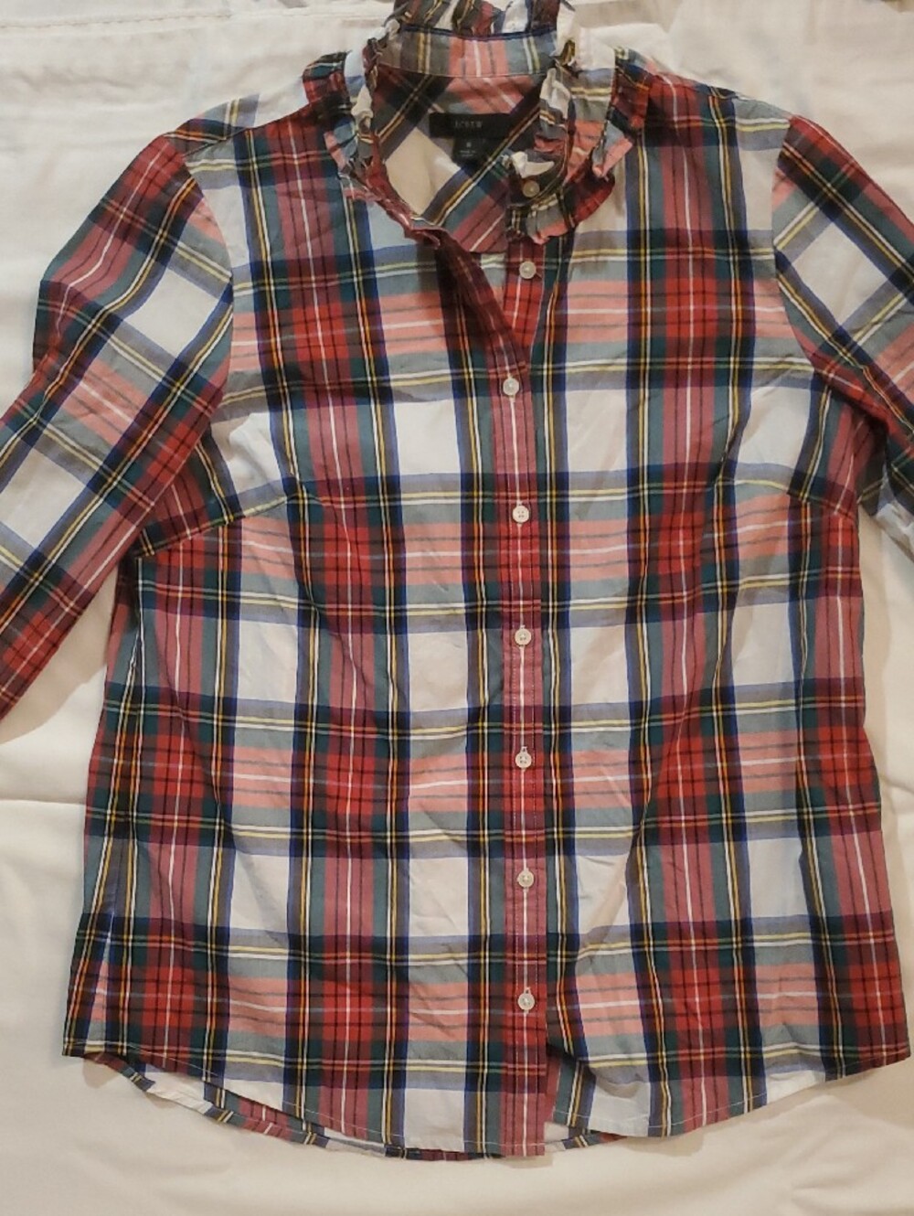 J. Crew Red Plaid Ruffle Collar Button-Down Shirt Women's Small - Picture 3 of 11